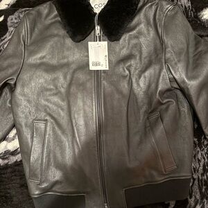 COS Black Leather Jacket with Faux Fur Trim